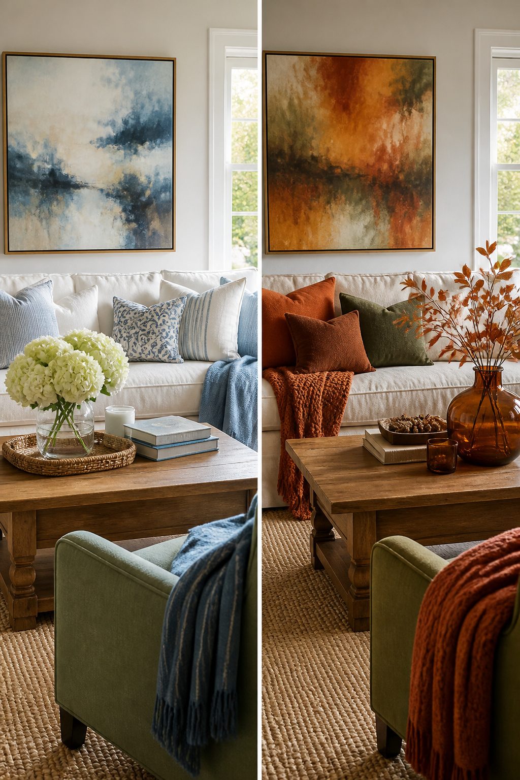 Decor featuring burnt orange and muted green colors on a sofa.