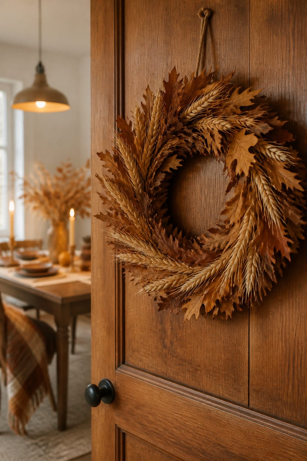 A wreath made of wheat and dried hydrangeas hung on a door.