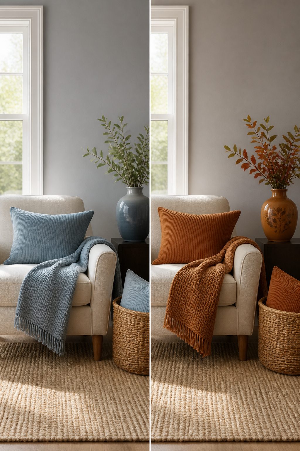 A rust-colored vase against a sage-green wall in a living room.