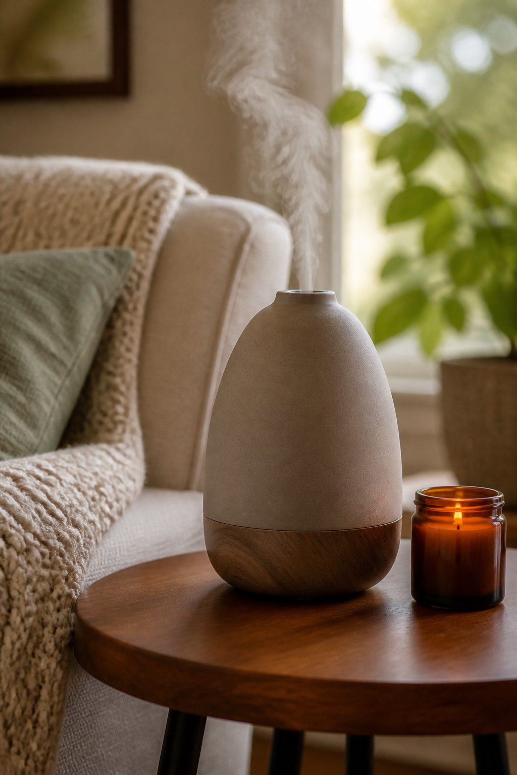 A diffuser and candle set for seasonal scents in a room.