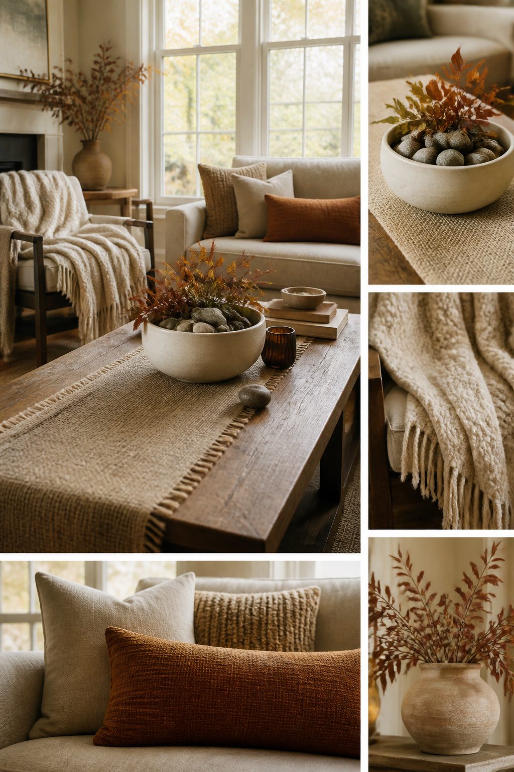 Burlap laid across a table with a wool throw and ceramic bowl.
