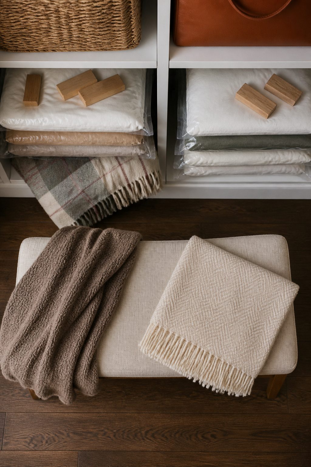 Vacuum bags filled with cotton throws and lightweight quilts.