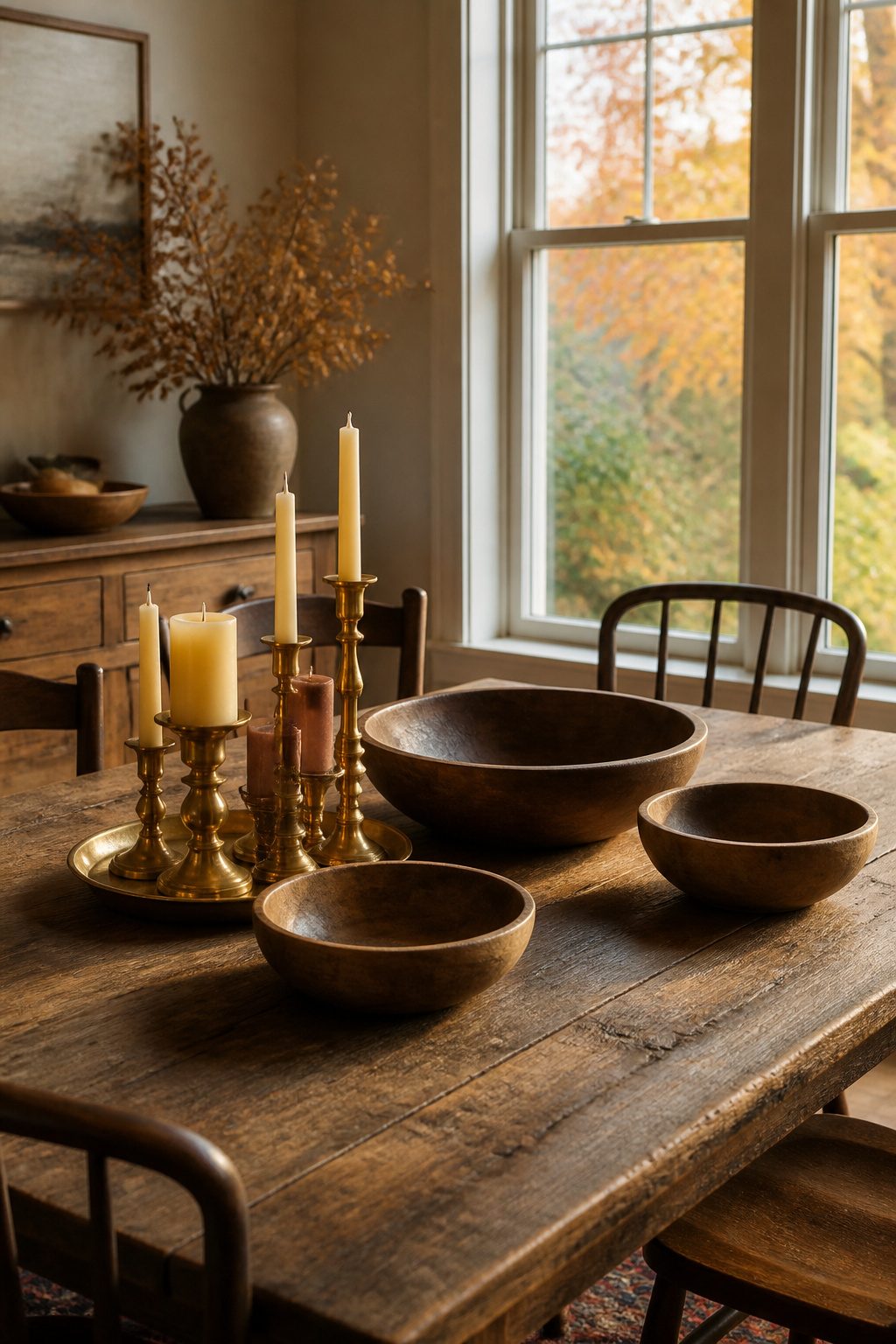 A dining table set with brass candles and wooden bowls.