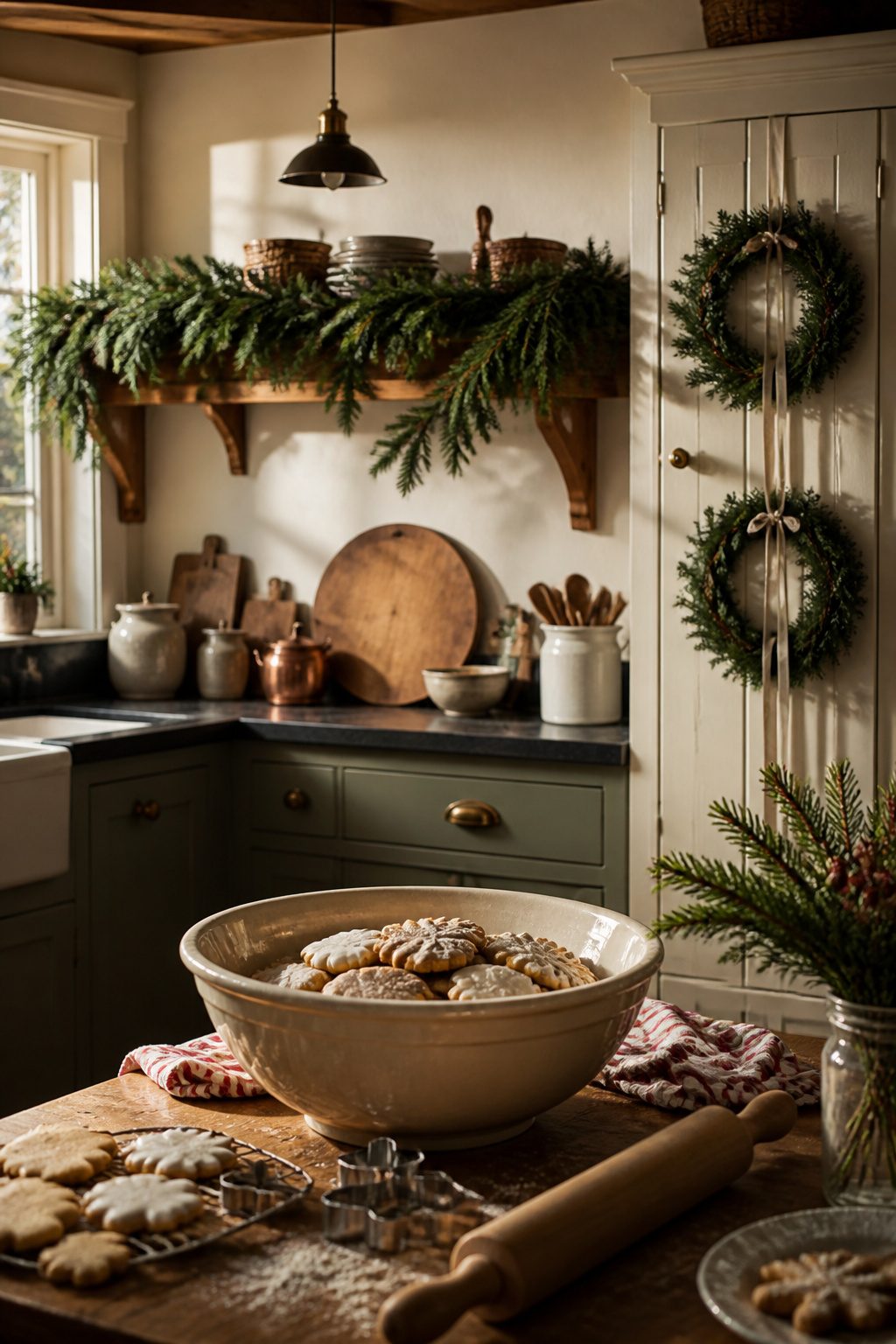 Garland of mixed pine on open shelves in a kitchen.