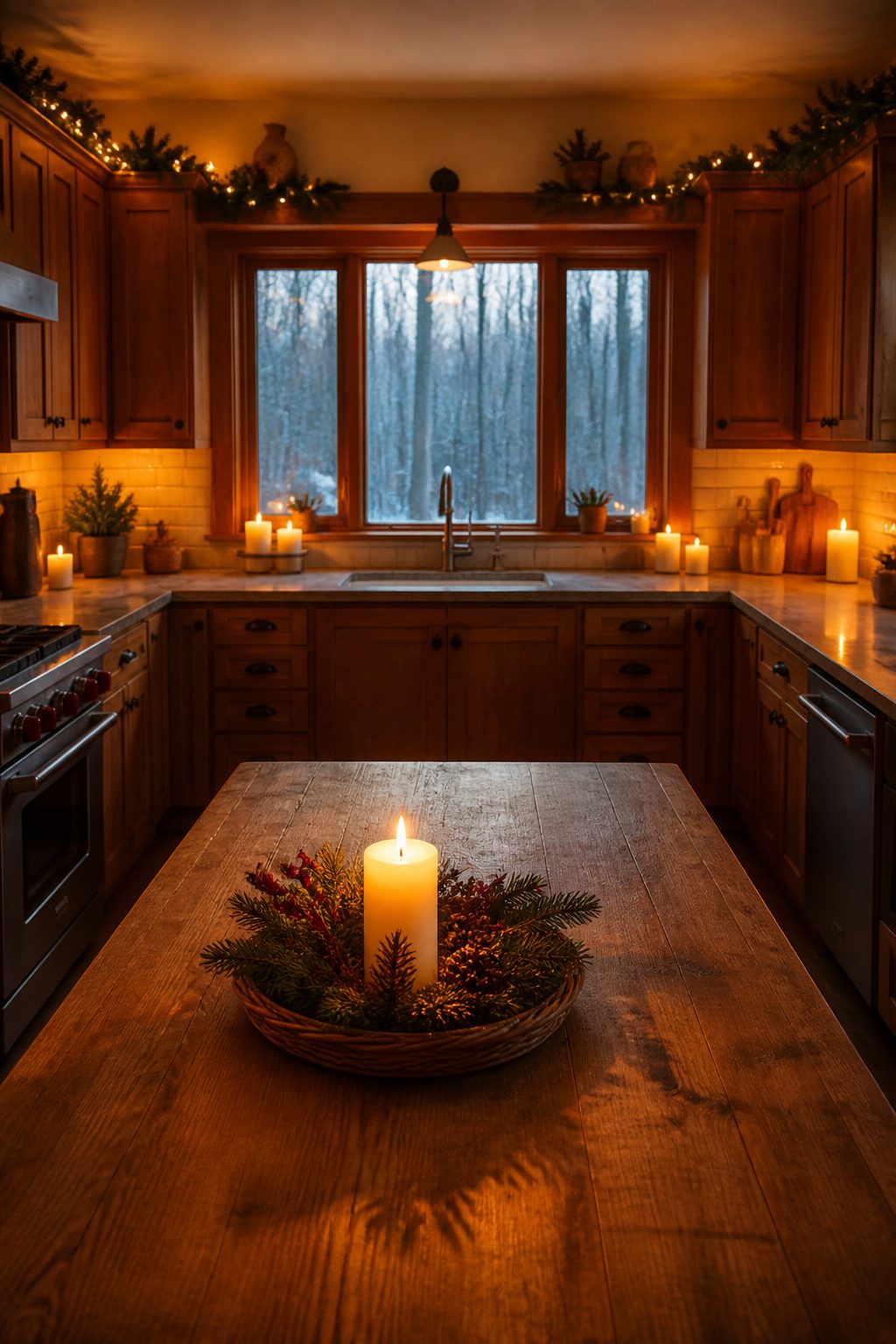 Soft lighting in a kitchen from battery-operated candles and string lights.