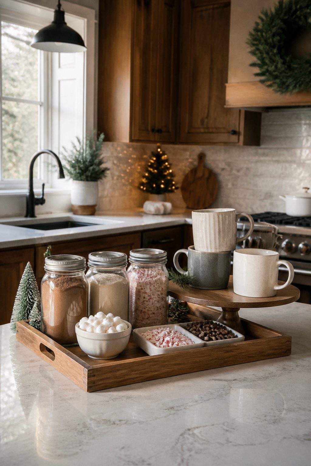 Hot chocolate station with mason jars and stacked mugs on a tray.