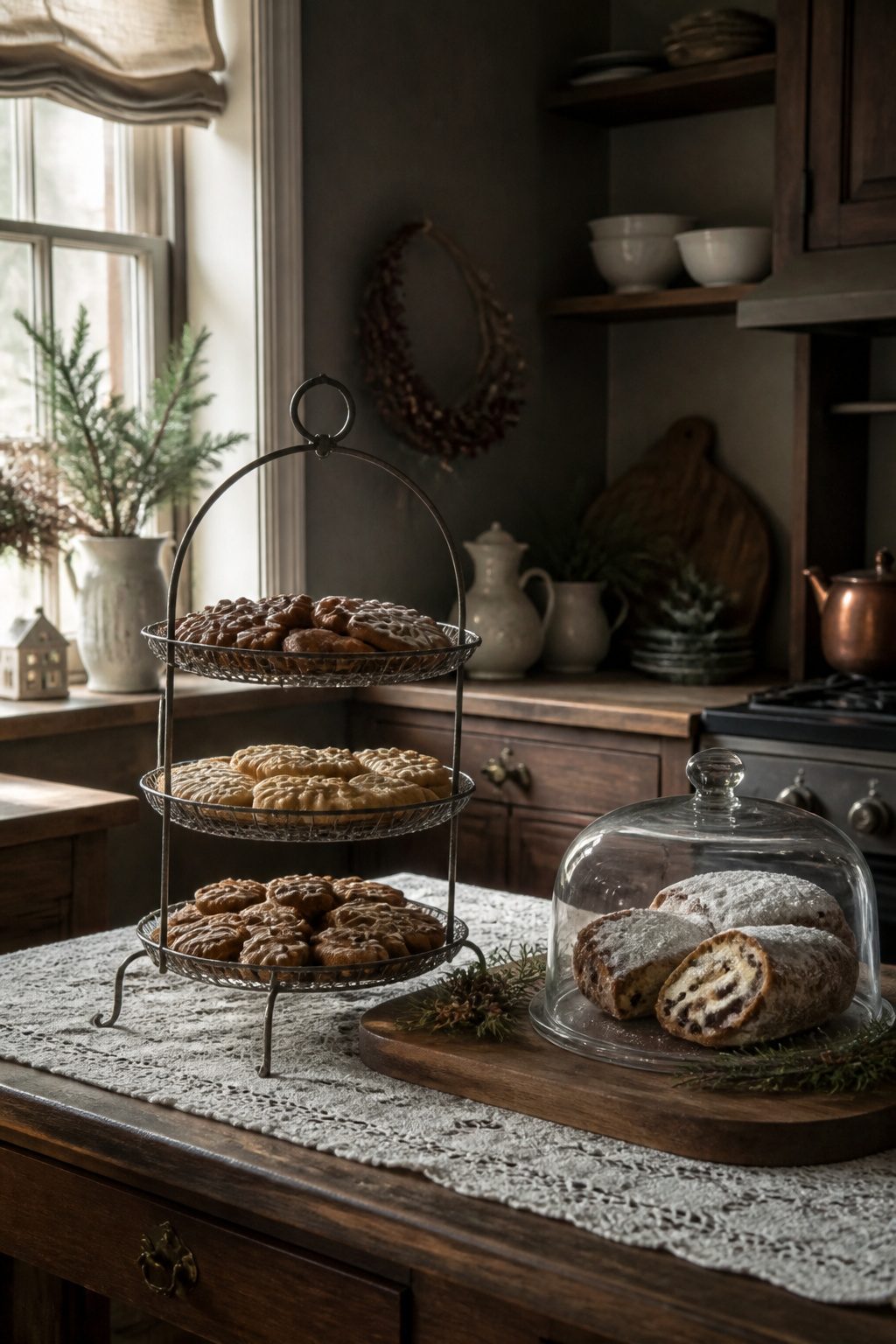 Gingerbread cookies and other treats displayed on a three-tiered stand.