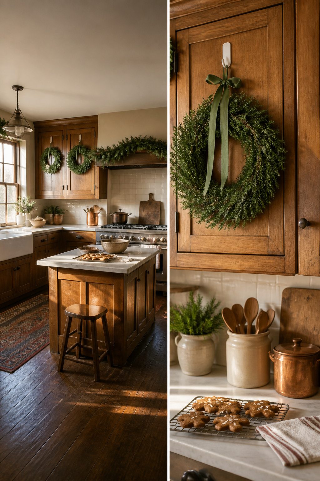 Wreaths attached to cabinet doors in a decorated kitchen.