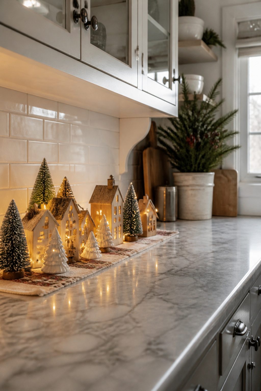 Christmas village display featuring wooden houses and ceramic trees.