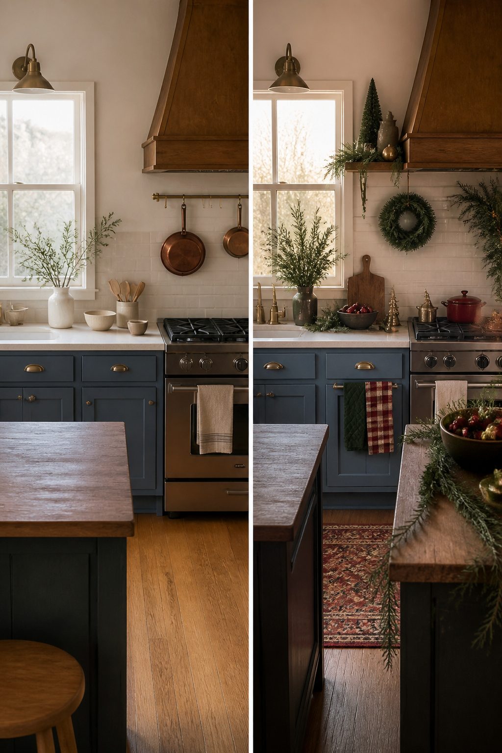 A kitchen decorated with deep greens and warm creams for Christmas.