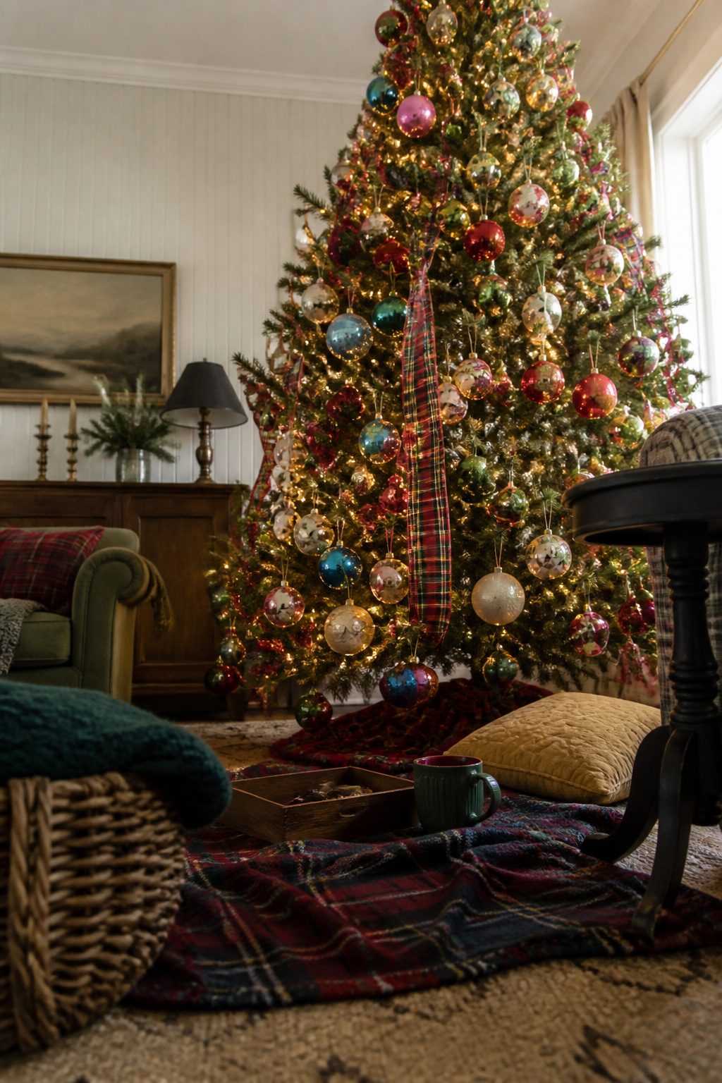 Christmas tree adorned with a variety of ornaments and ribbon.