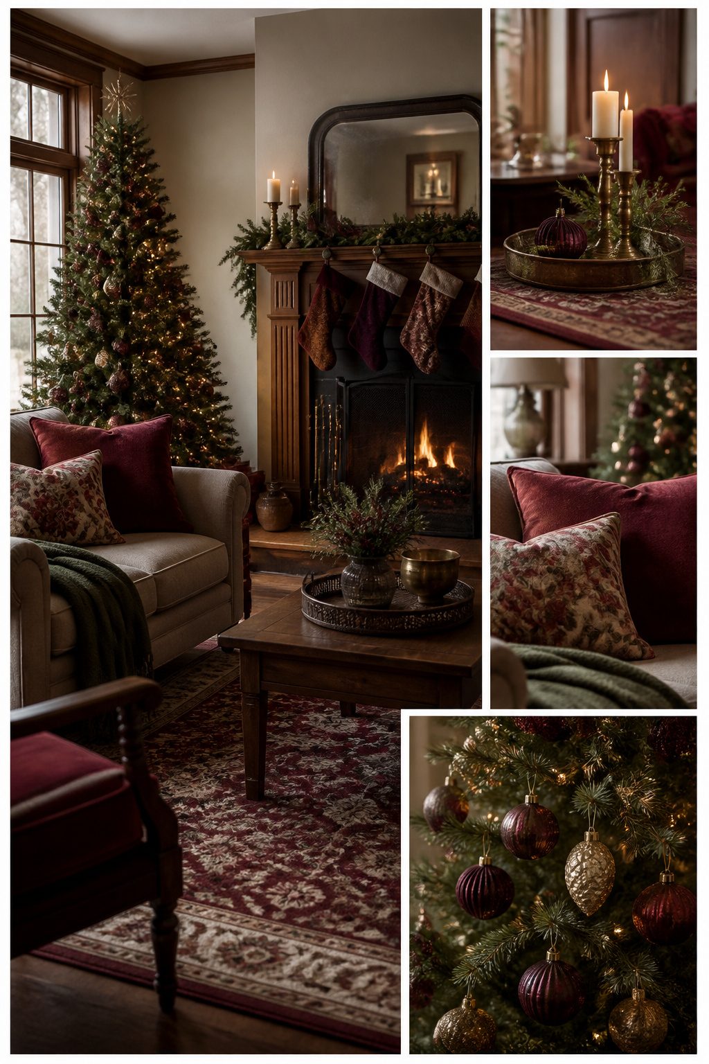 Christmas decorations in burgundy and forest green against warm walls.