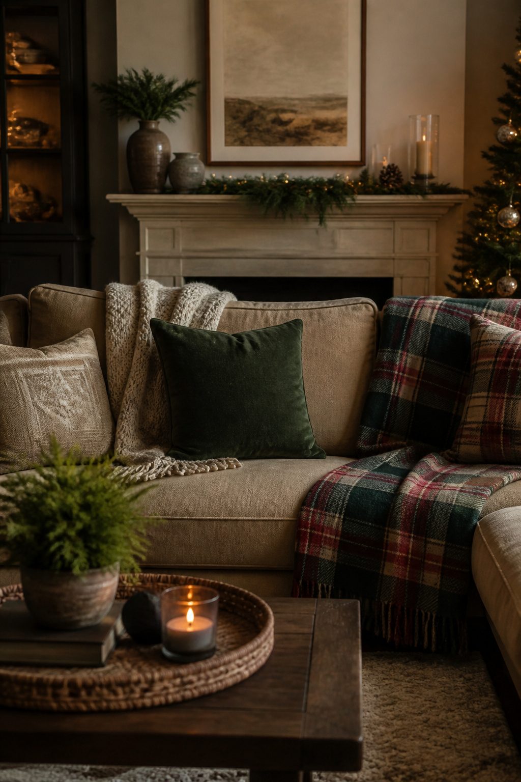 Textured pillows and blankets on a sofa in a Christmas living room.