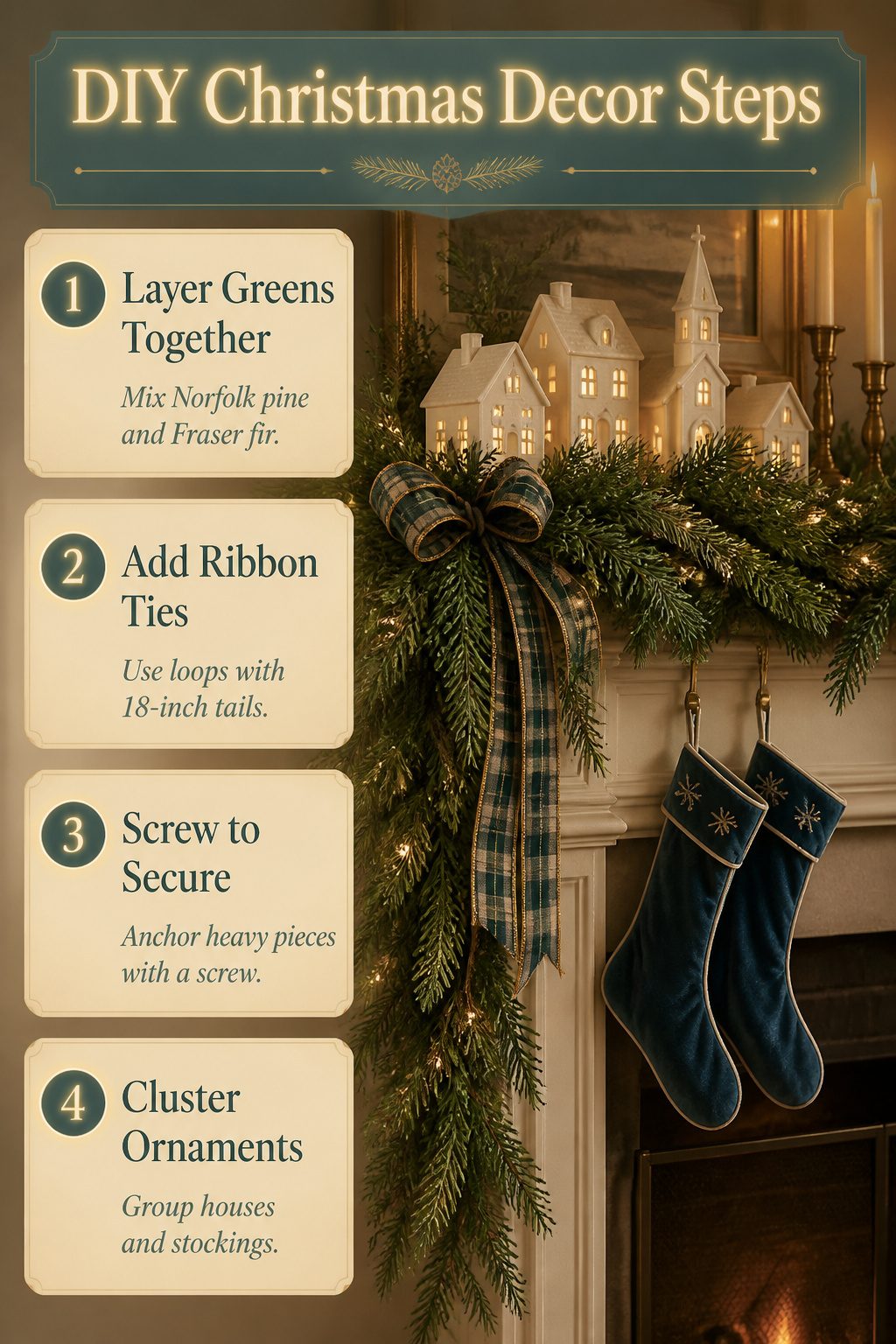 Lush garland of Norfolk pine and Fraser fir on a mantel.