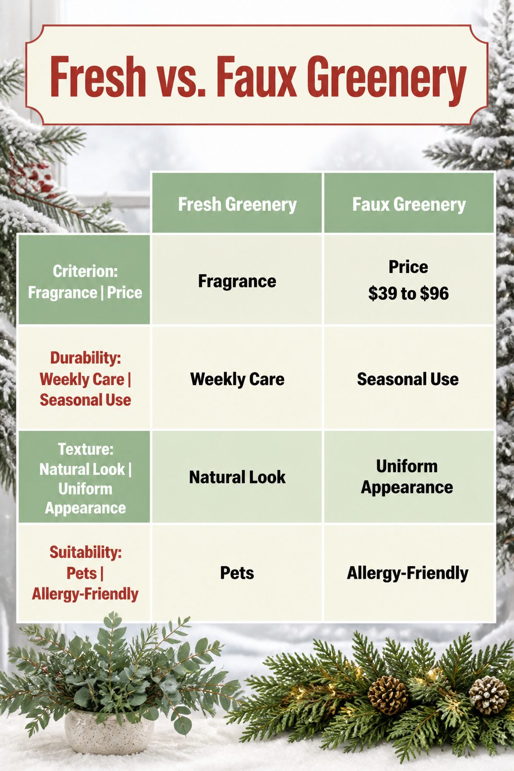 Comparison of fresh and faux greenery in a Christmas display.