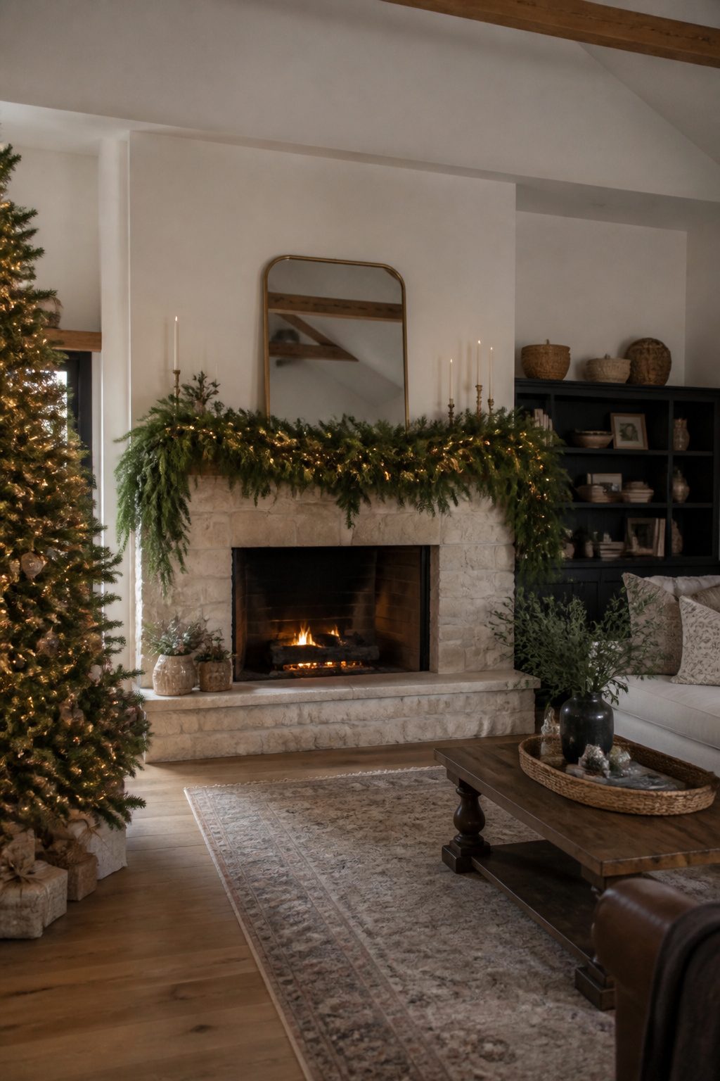 Generous greenery swags of Norfolk pine and fraser fir on a mantel.