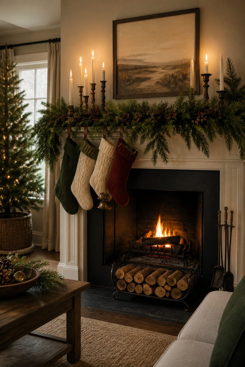 Decorated mantel with greenery, stockings, and a large mirror.
