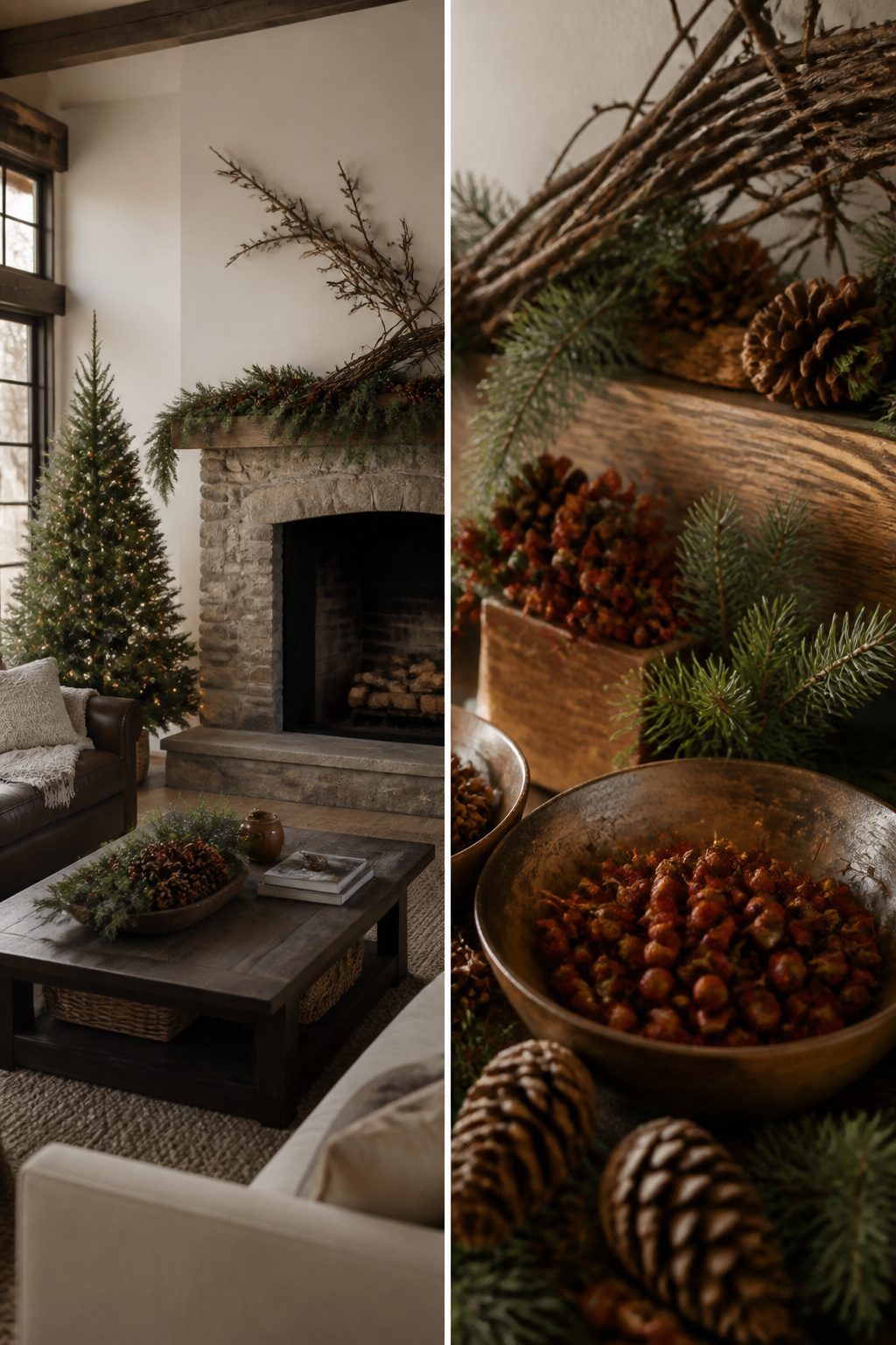 Pinecones and berries arranged among greenery in a Christmas setting.