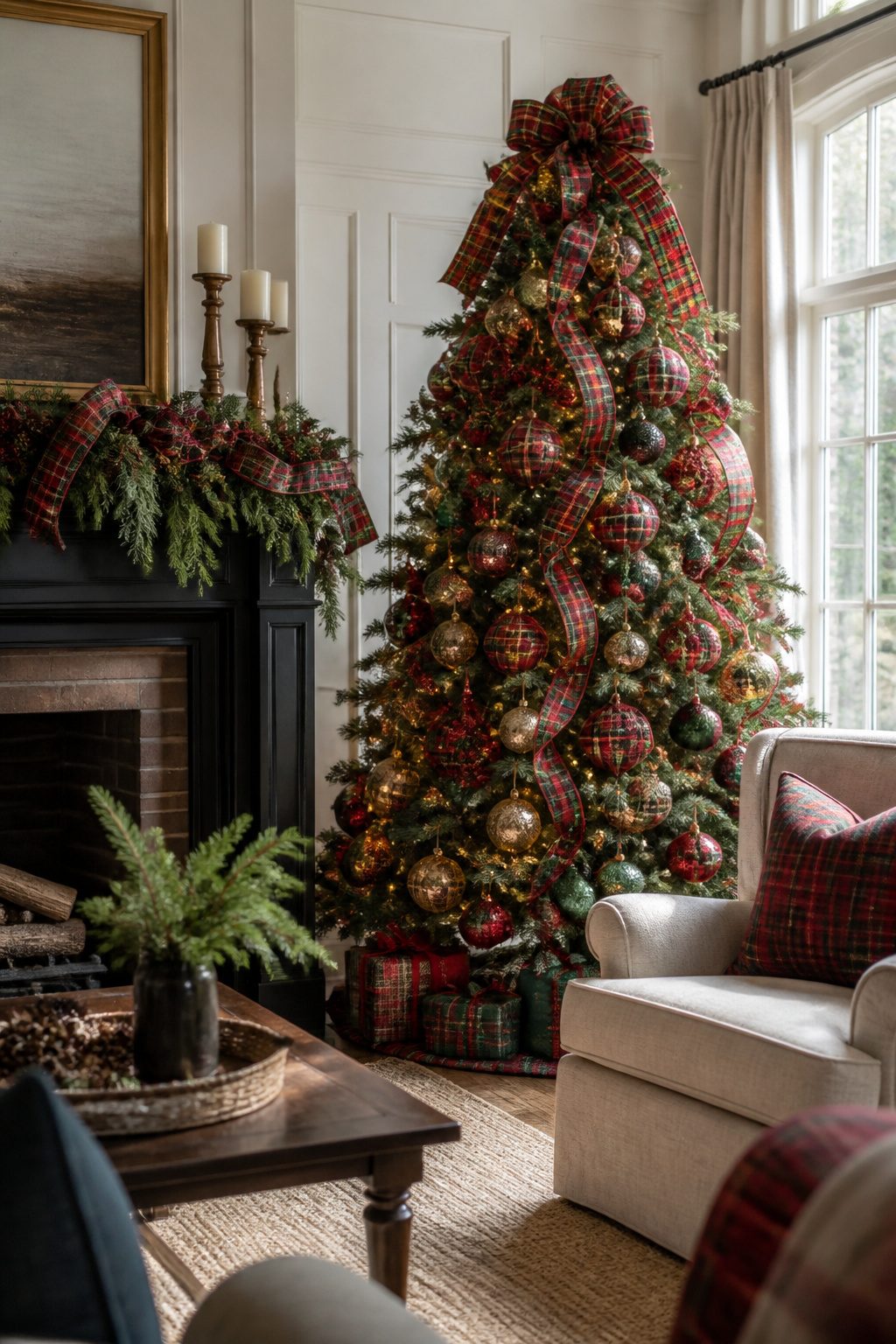 Tartan plaid ribbon loops around a Christmas tree and garland.