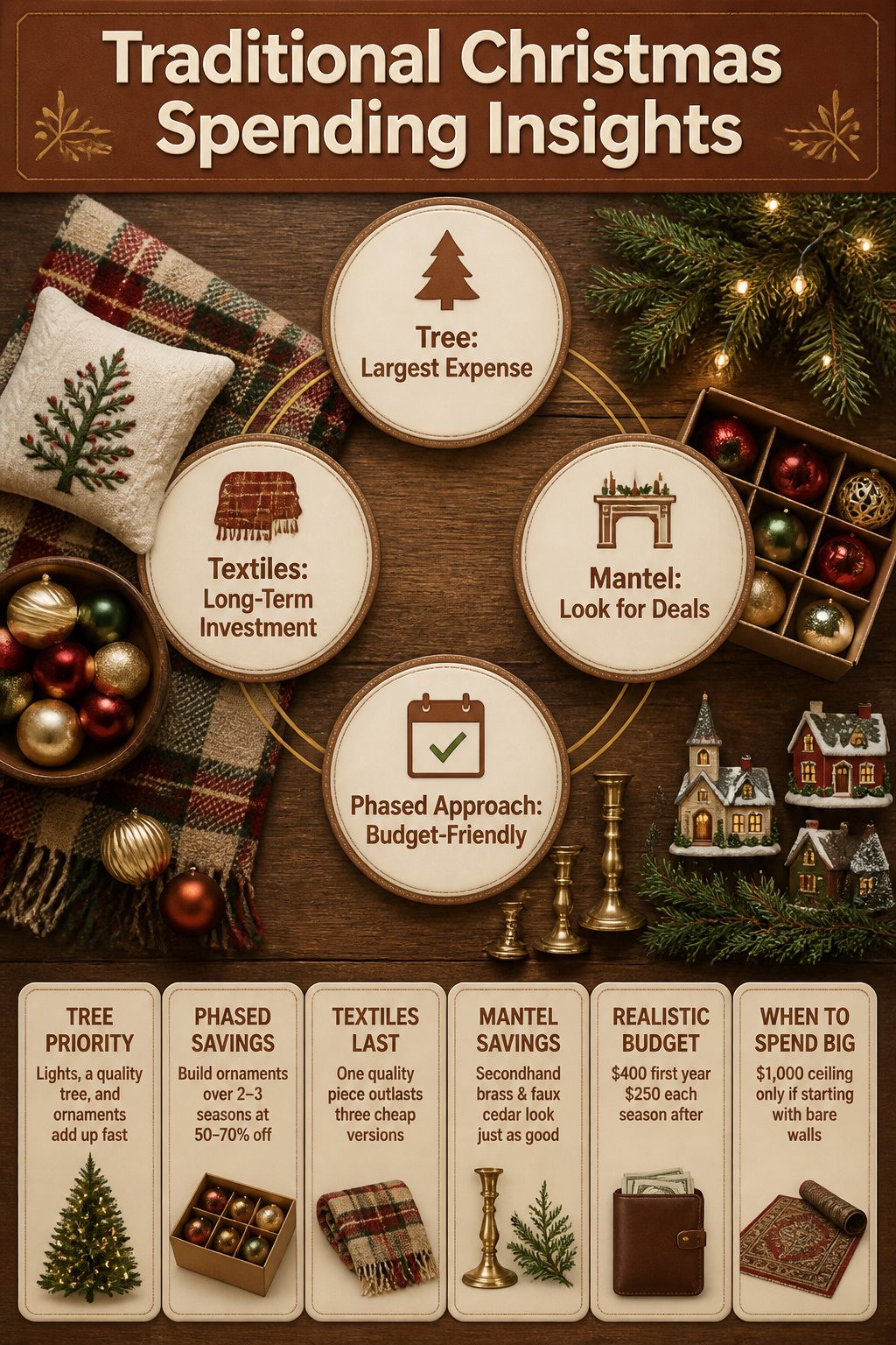 Traditional Christmas decor items including a tree and textiles.