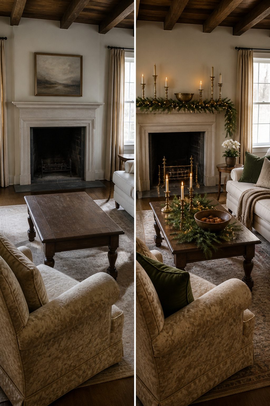 Decorative items arranged on a table for a Christmas look.