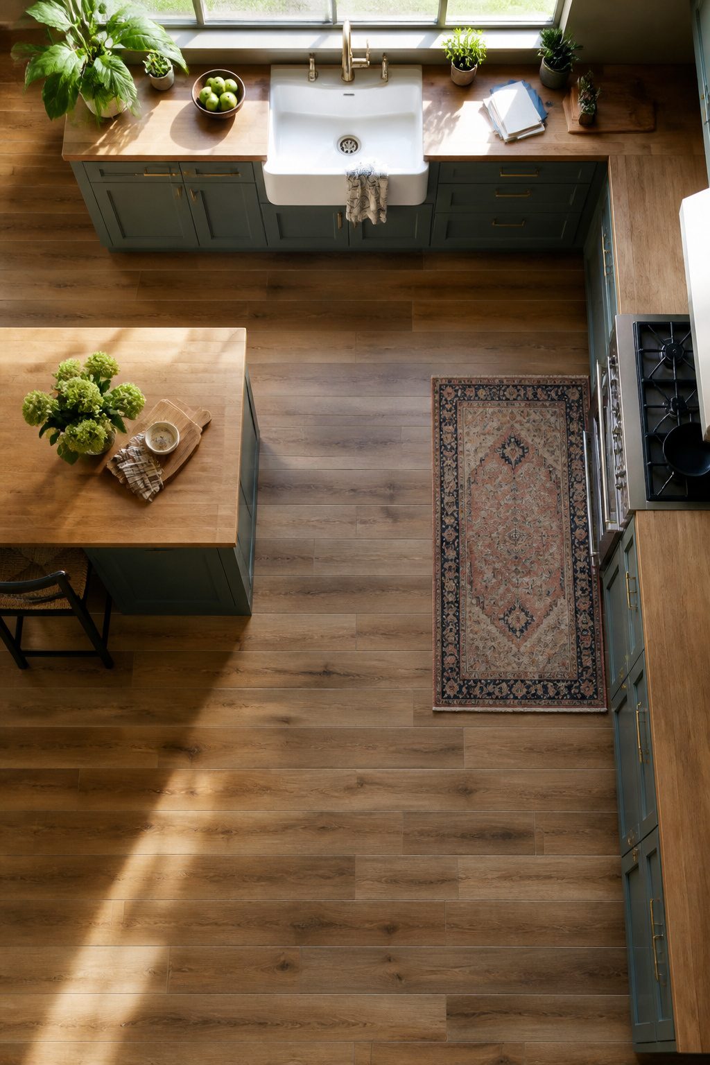 Floating vinyl planks laid over existing kitchen flooring.