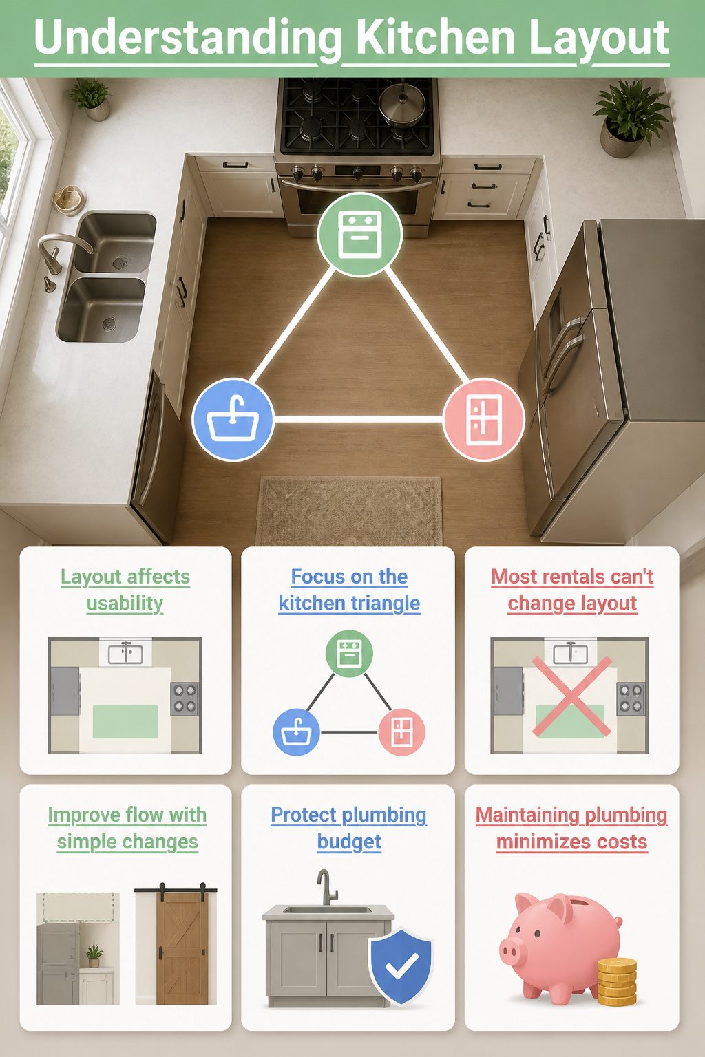 Diagram illustrating an efficient kitchen layout.