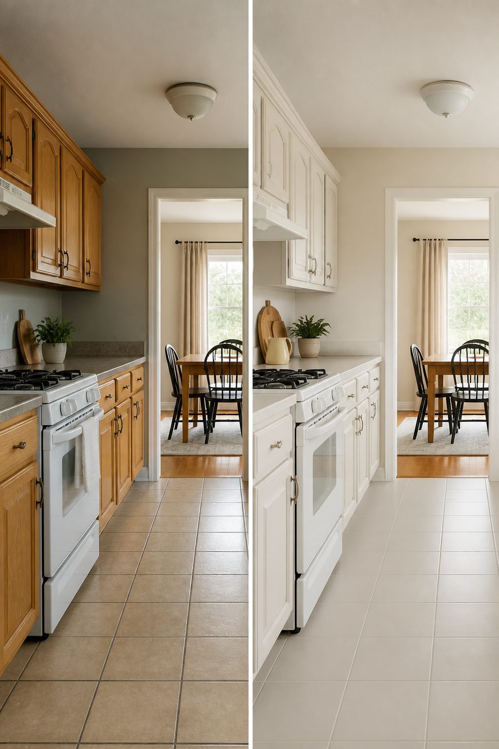 Kitchen walls and cabinets freshly painted in warm colors.