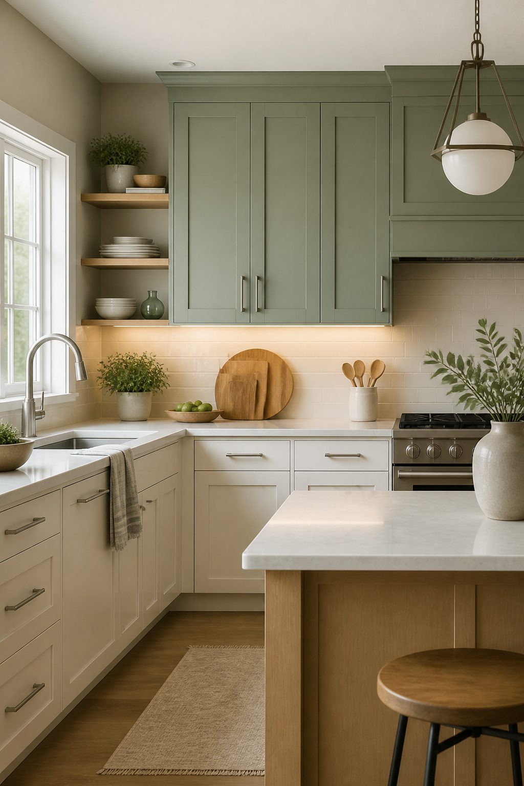 Kitchen with two-tone painted cabinets and under-cabinet lighting.