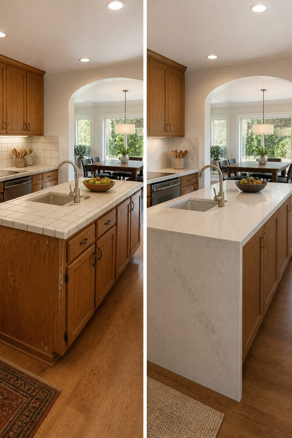 Granite and quartz countertops showcased in a kitchen.