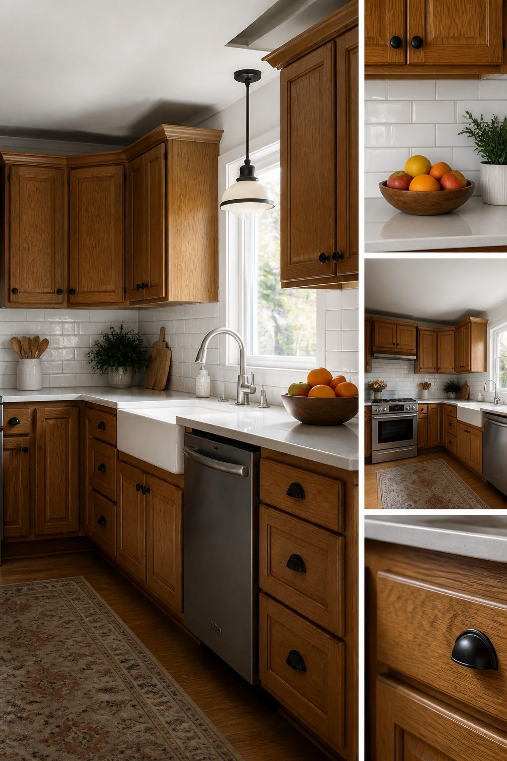 Refinished oak cabinets paired with a new backsplash.