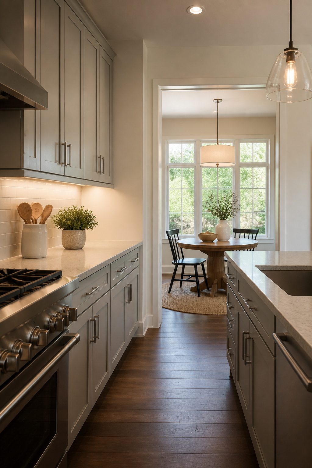 Brushed nickel cabinet hardware on freshly painted kitchen cabinets.