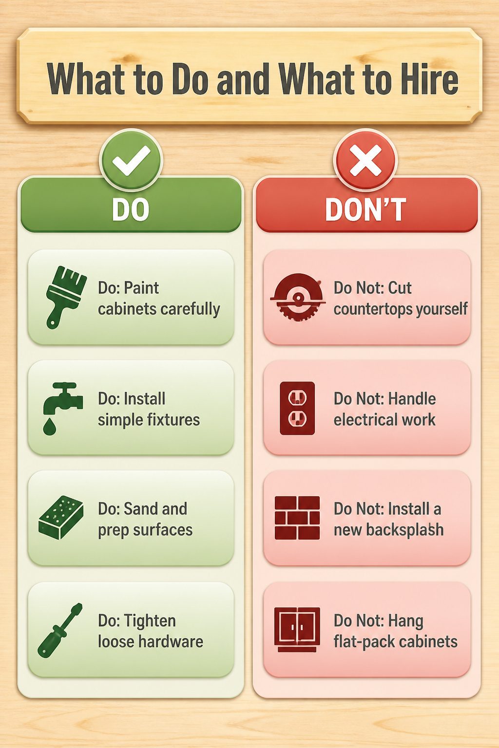 Chart showing DIY tasks versus hiring professionals for kitchen updates.