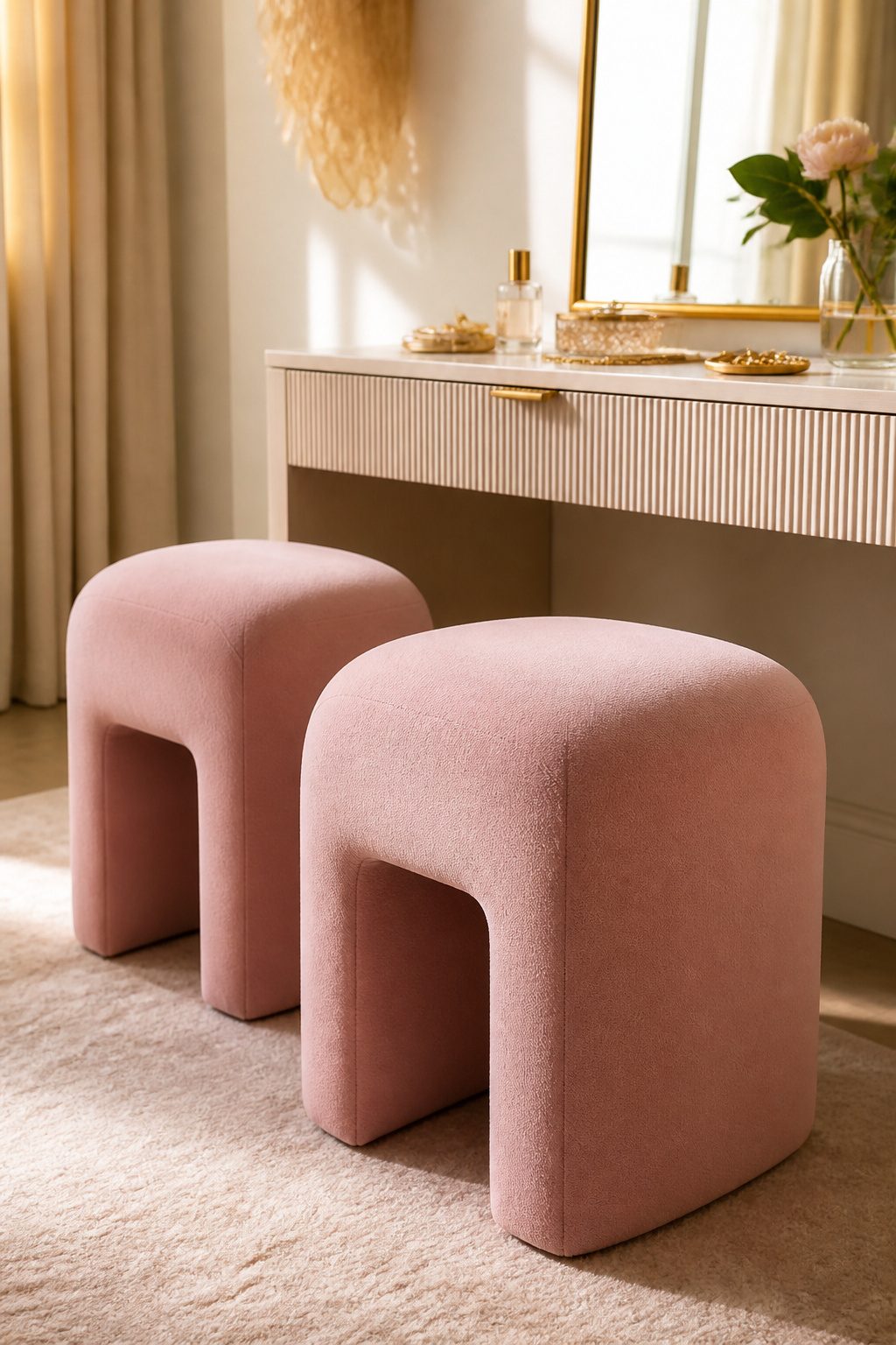 Fully-upholstered stools with fabric covering the legs and seats.