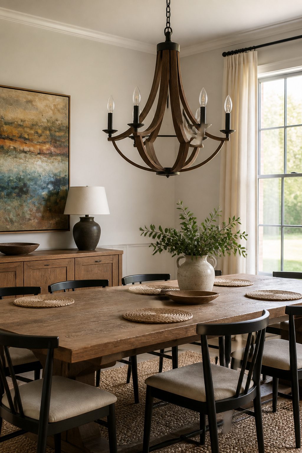 Crate & Barrel Norwood chandelier with walnut-finished arms and a modern dining room.