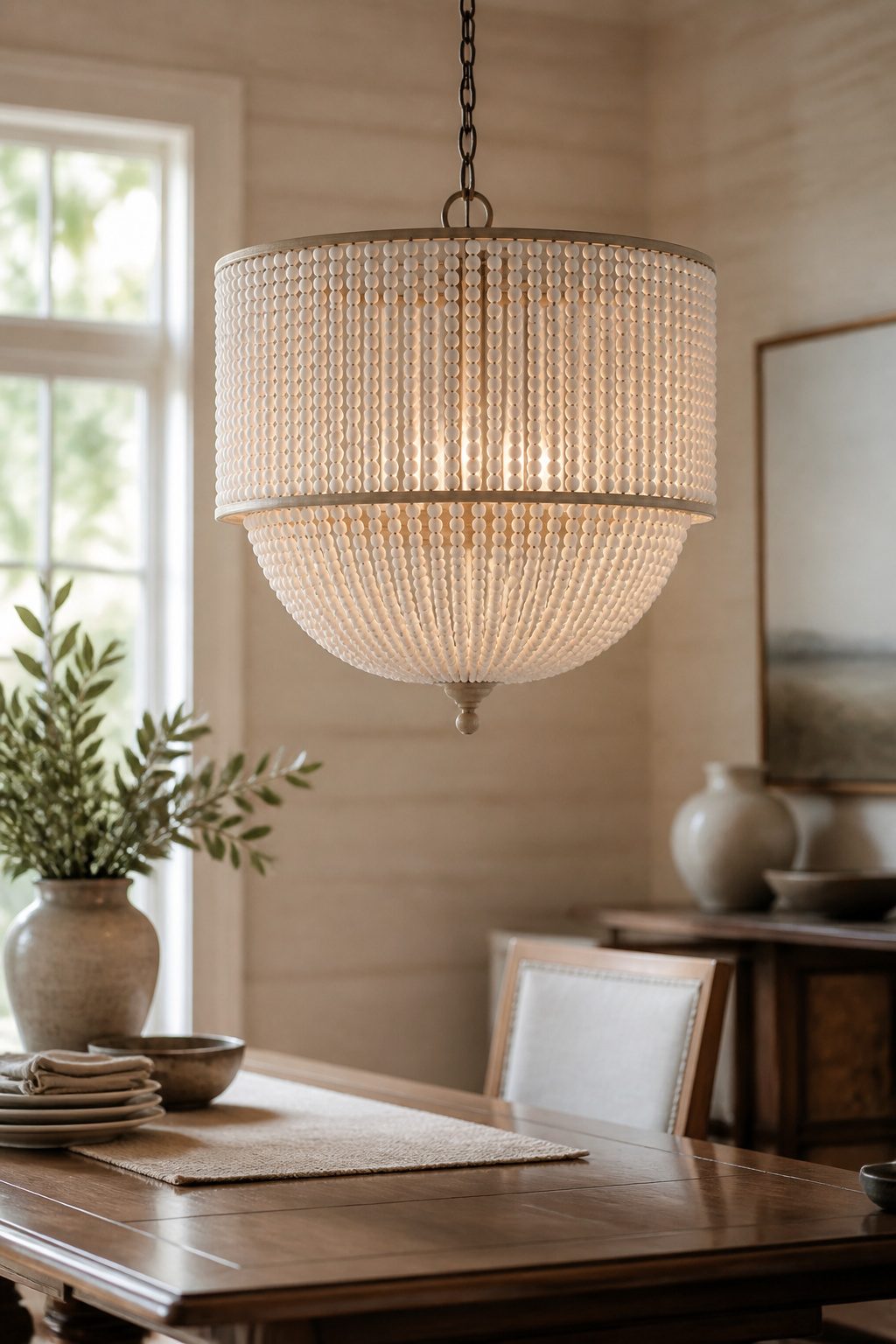 Mecox Gardens Beaded Empire chandelier with a drum shape and bead layers.