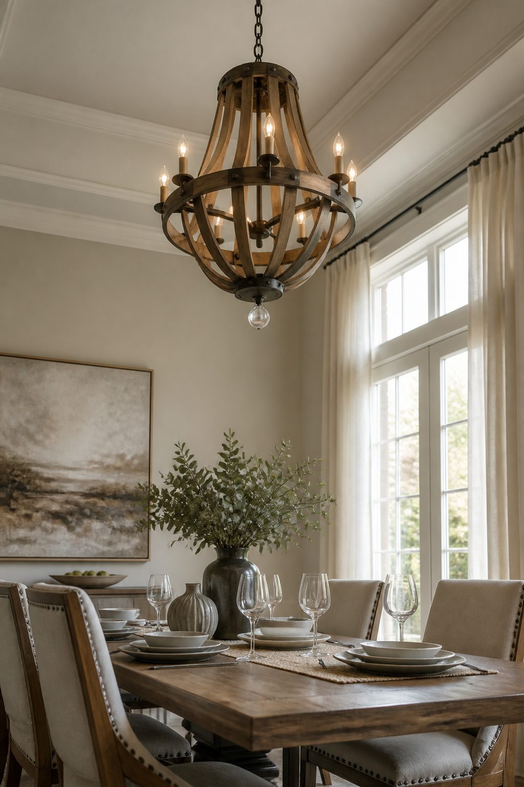 Plantation Design Wood & Crystal chandelier featuring wood and crystal elements.