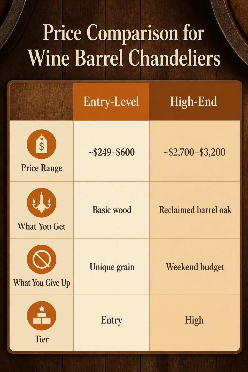 Chart comparing prices of various wine barrel chandeliers.