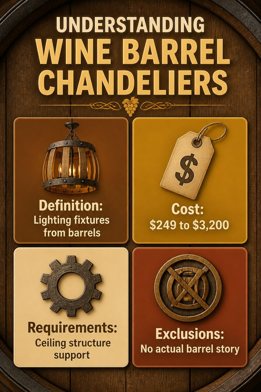 Information graphic on wine barrel chandeliers and their construction.