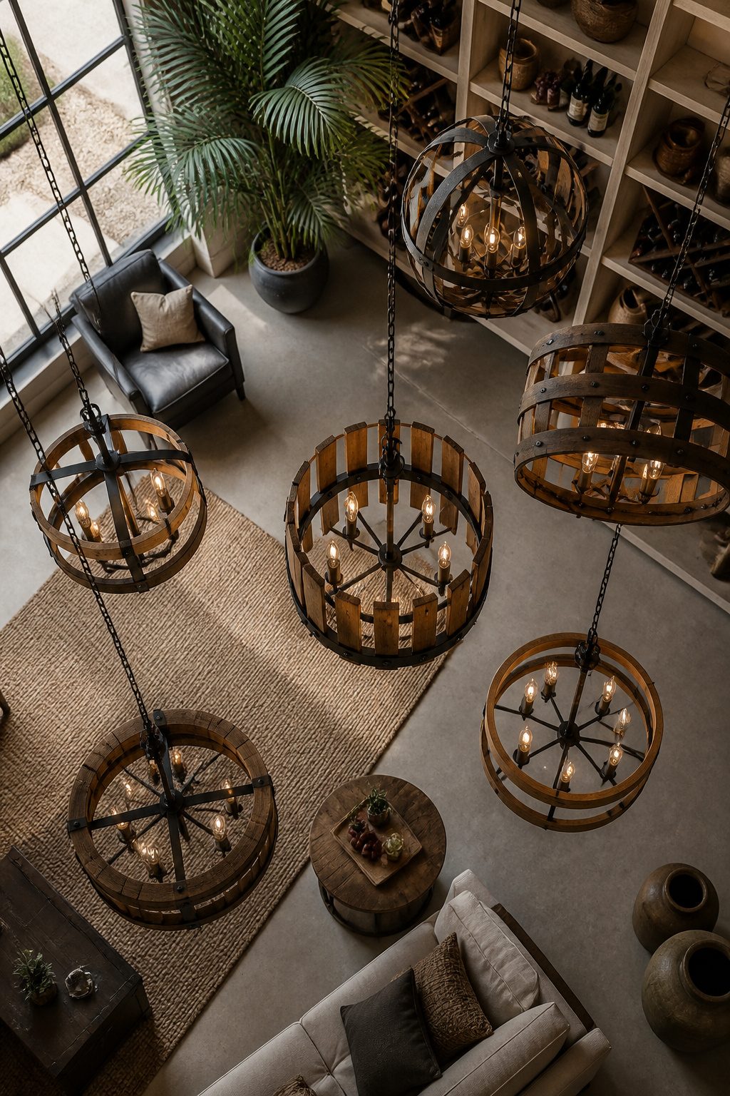 Different stores displaying wine barrel chandeliers in a retail setting.