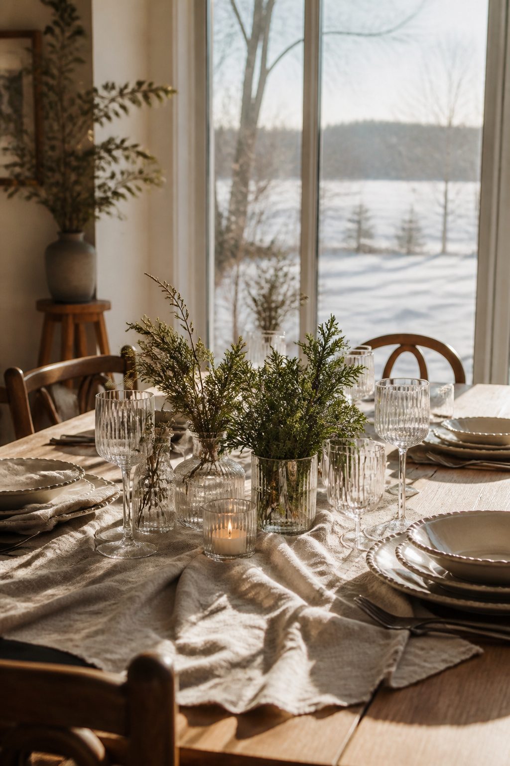 A winter tablescape with glass votives and layered linens in warm tones.
