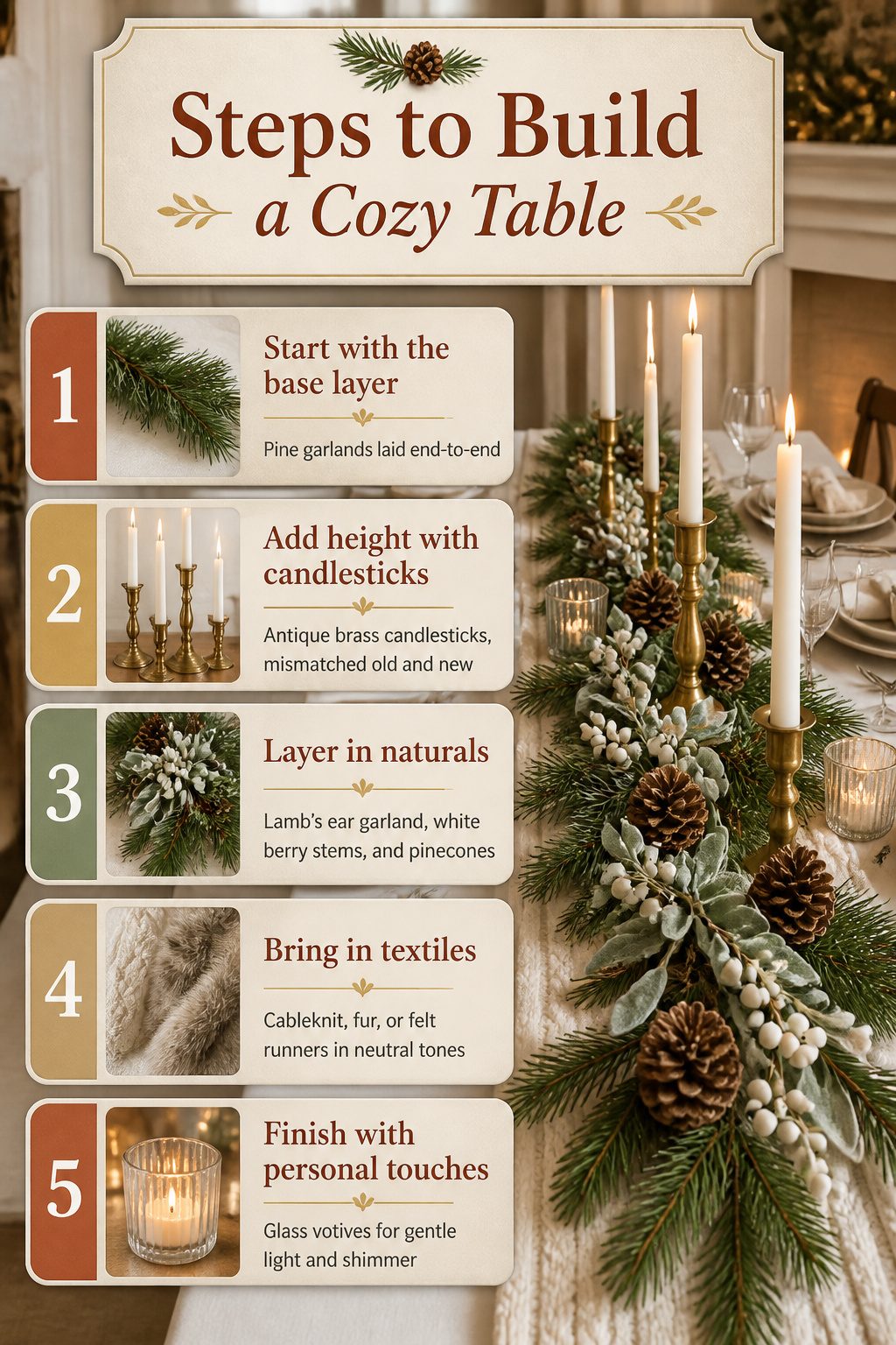 Instructions for creating a winter tablescape with natural elements and textiles.