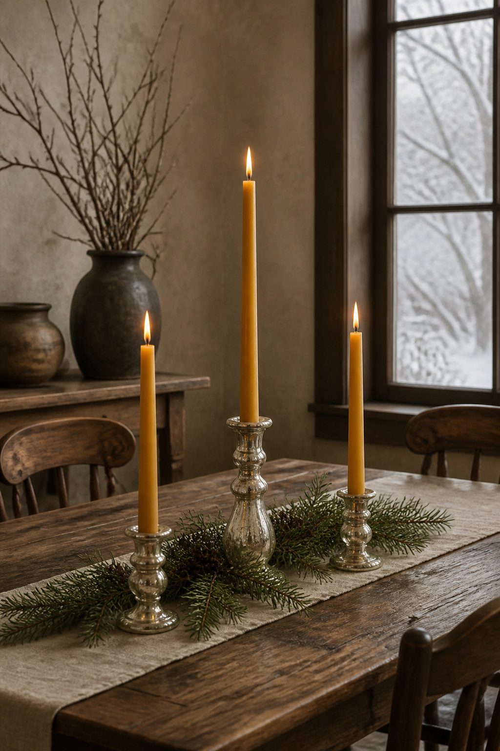 Varying heights of beeswax tapers and votives provide soft lighting.