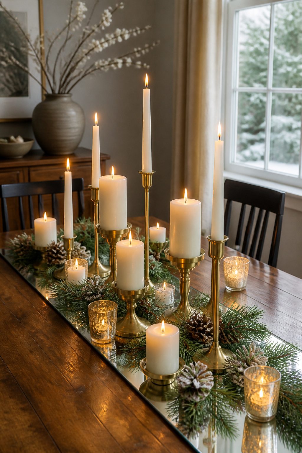 Pillar, votive, and taper candles of varying heights in brass holders.