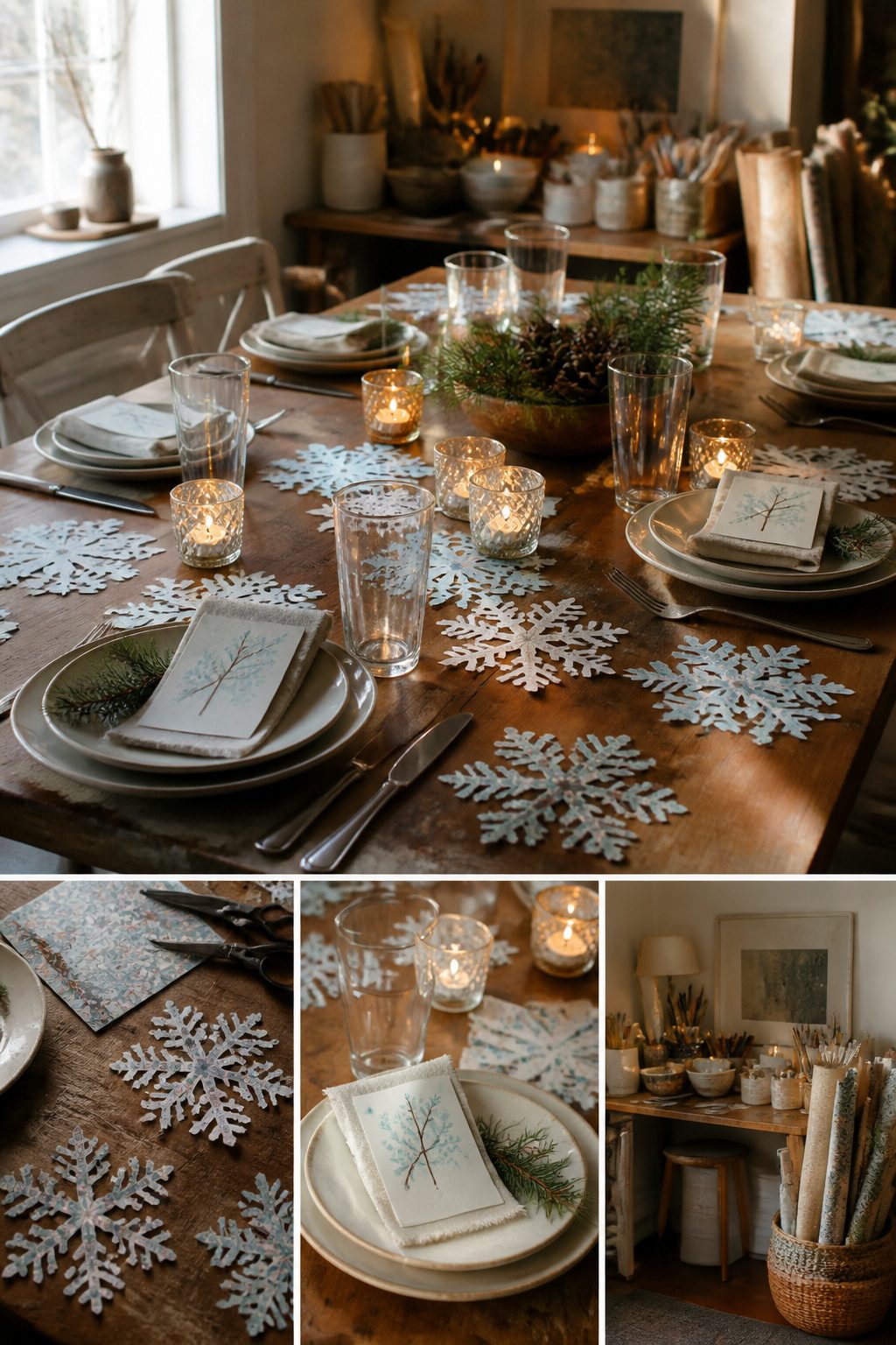 Salt-dough snowflakes and place cards crafted for a winter tablescape.