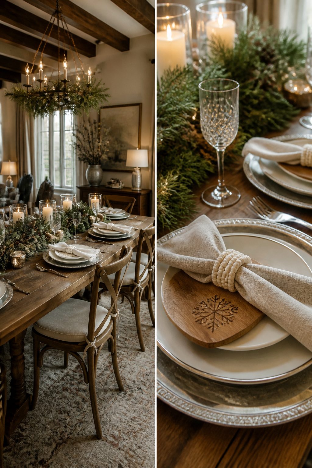Mini cutting boards and silver chargers set for a winter dinner.