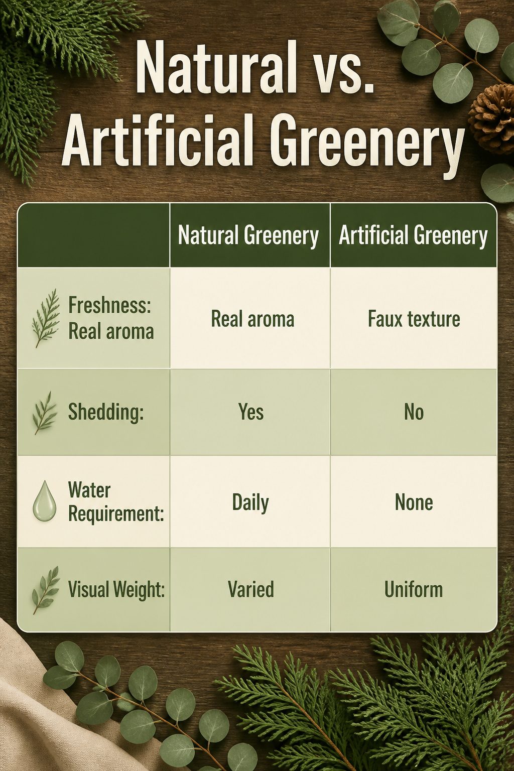 A mix of real and faux greenery used for a winter tablescape.