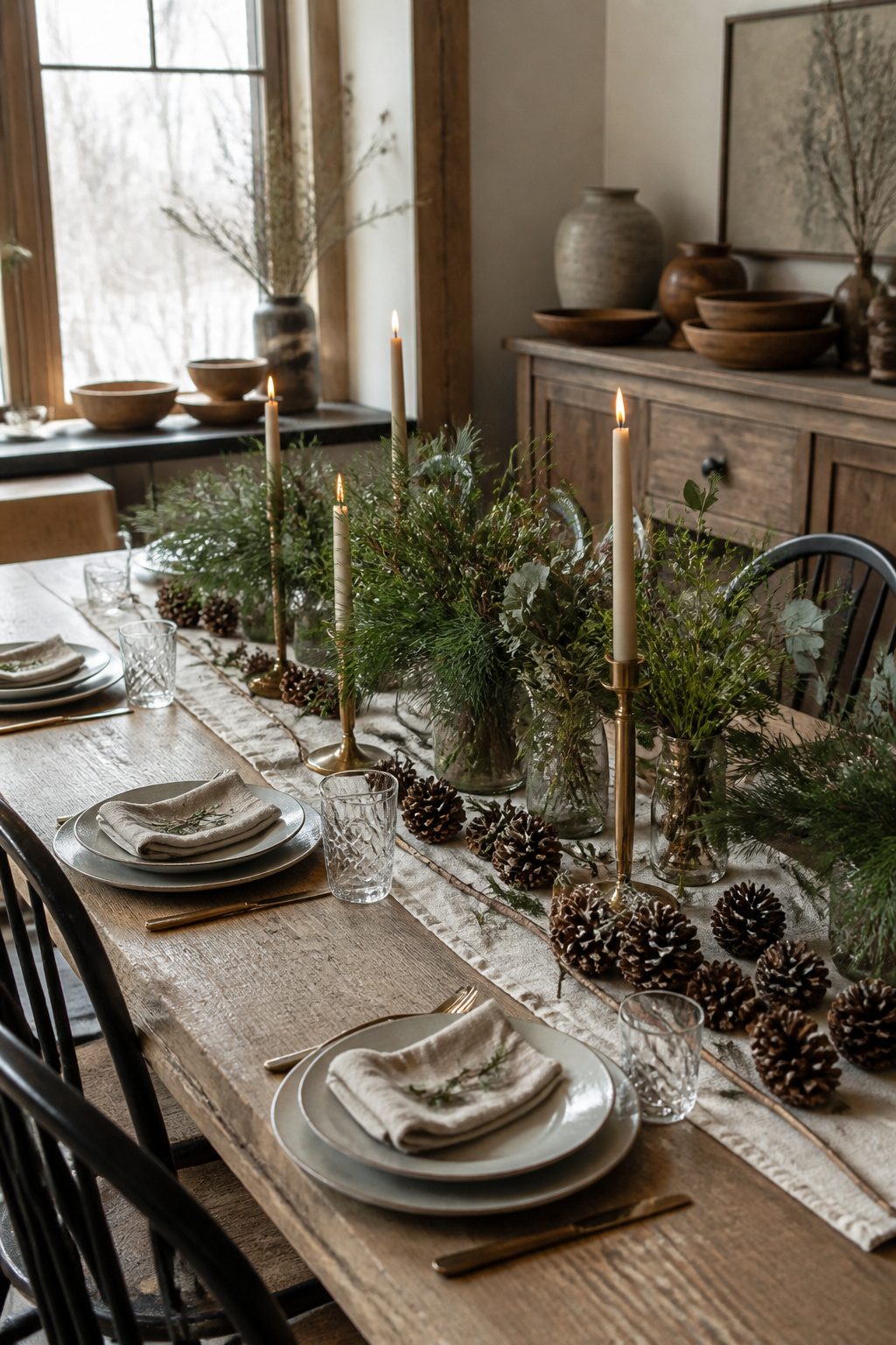 A central arrangement of evergreen clippings and eucalyptus with brass candlesticks.