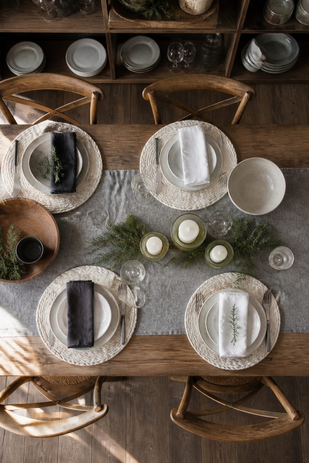 A heavy natural linen runner with cotton napkins and placemats in neutral tones.