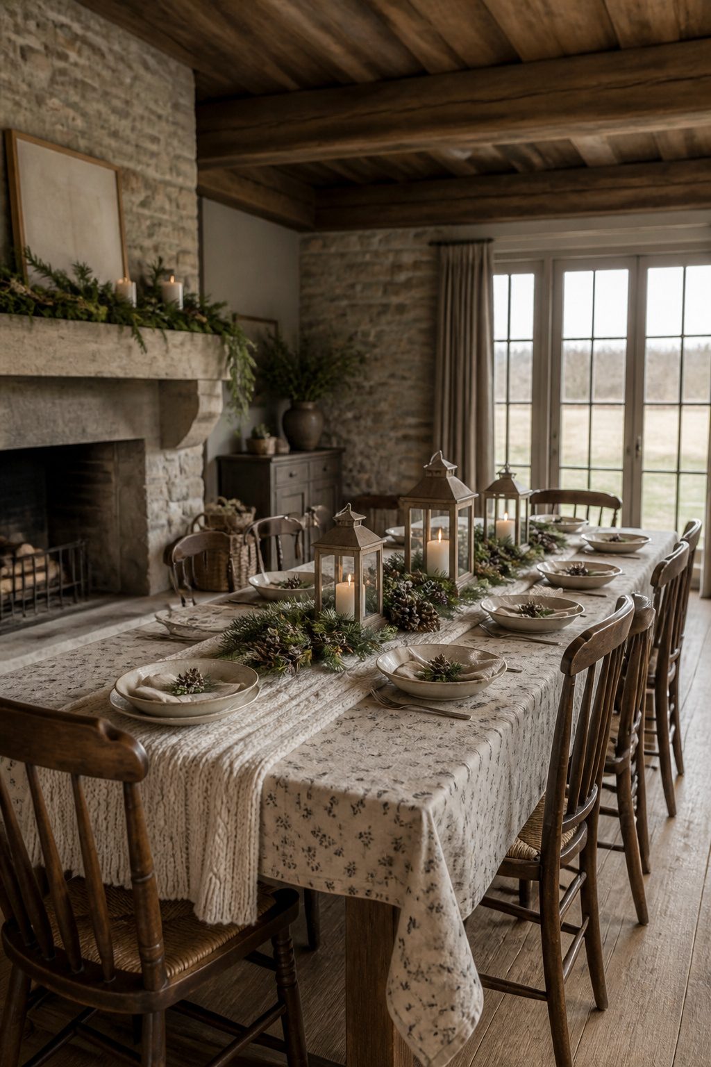 A rustic winter tablescape with pinecones and evergreen clippings.